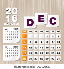 Calendar 2016 December vintage paper on grunge background
