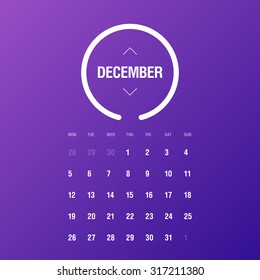 Calendar 2016. December. Week Starts Monday