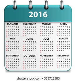 Calendar 2016 design, English, Sunday start. Vector illustration