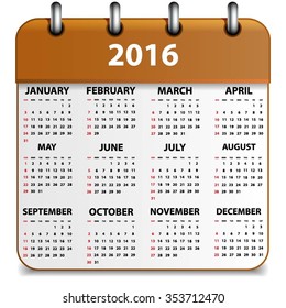 Calendar 2016 design, English, Sunday start. Vector illustration