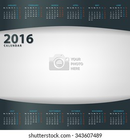 Calendar 2016 design template with additional place photo. Week starts Monday