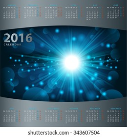 Calendar 2016 design template with light shining background. Week starts Monday