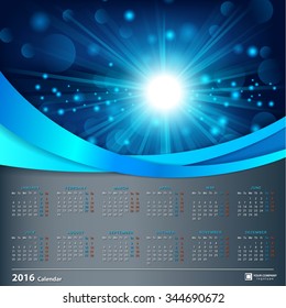 Calendar 2016 design template with light shining background. Week starts Monday