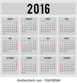 Calendar 2016 design template in vector. Week starts sunday