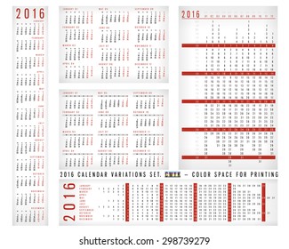 Calendar 2016 design Vector Set vertically, horizontally, in a row variations. Week starts monday, English. Calendar 2016 template for Your Design. CMYK ready for polygraphy Calendar