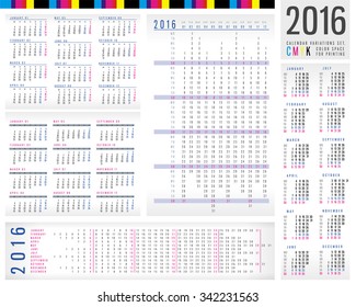 Calendar 2016 design Vector Set vertically, horizontally, in a row variations. Week starts monday, English. Calendar 2016 template for Your Design. CMYK ready for polygraphy Calendar