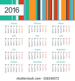 Calendar 2016 design. Week starts on Monday