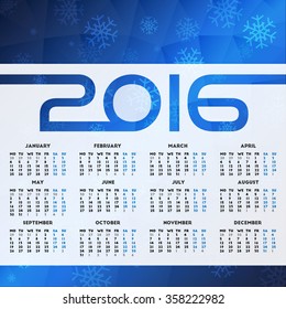 Calendar 2016 design. Week starts on Monday