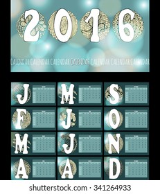 Calendar for 2016 doodle elements placed in a circle. Week Starts Sunday. Vector Template.