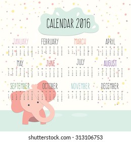 Calendar for 2016 with elephant background 