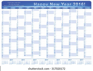 Calendar 2016 - English printable Organizer (planner) - contains the Dates highlighted, the days of the month and some space for personal notes. The image contains the 2017 Year calendar. CMYK colors.