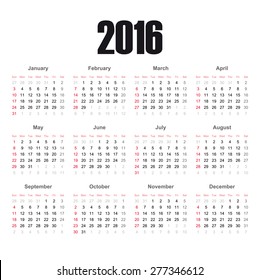 Calendar  2016. 
European calendar for the year 2016 . Week starts with sunday