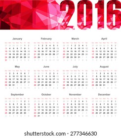 Calendar  2016. 
European calendar for the year 2016 . Week starts with sunday