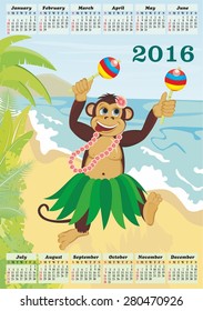 Calendar for 2016. Exotic cute dancing monkey on beach