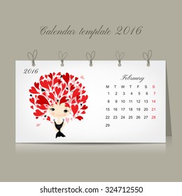 Calendar 2016, february month. Season girls design. Vector illustration