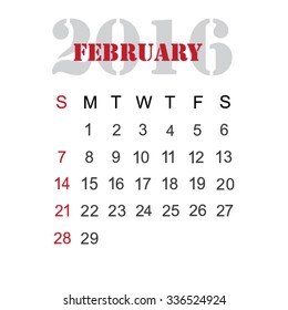 Calendar for 2016 February vector design template