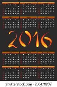 Calendar for 2016 with a fiery numerals on a black background