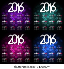 Calendar for 2016 - flat design with bokeh background - You can easily change the background color by editing radial gradient on bottom layer - vector illustration eps 10.