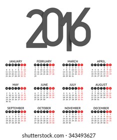 Calendar for 2016 - flat, simply, bright, design, white background - Vector eps 10 illustration.