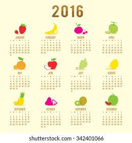 Calendar 2016 Fruit Cute Cartoon Vector