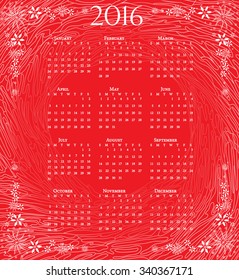 calendar of 2016: full year on red artistic background