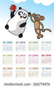 Calendar 2016 with funny cartoon animals (week begins sunday, numbers of weeks)