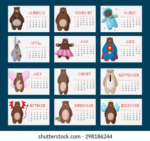 Calendar 2016 with funny cartoon hipster bears (week starts on Sunday). Colorful theme for your design, prints and illustrations