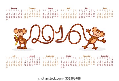 Calendar for 2016 funny monkeys on a white background