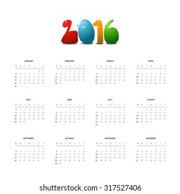 Calendar 2016 with funny monsters, vector design template, square format