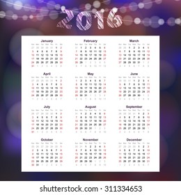 Calendar 2016 with garland of glittering lights, vector illustration background
