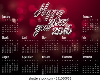 Calendar 2016 glossy text and abstract red background vector deign template esp10.