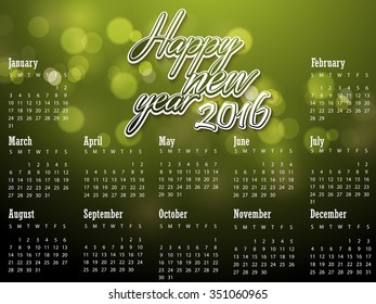 Calendar 2016 glossy text and abstract green background vector deign template esp10.