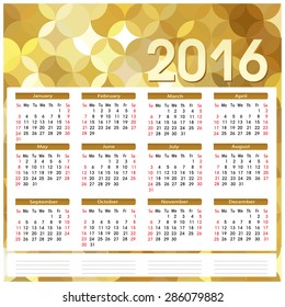Calendar 2016. Golden abstract background