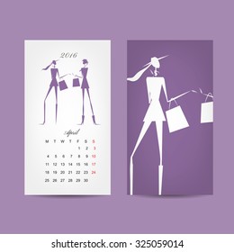 Calendar 2016 grid. Fashion girls design. Vector illustration