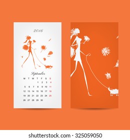 Calendar 2016 grid. Fashion girls design. Vector illustration