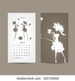 Calendar 2016 grid. Fashion girls design. Vector illustration