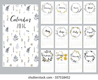 Calendar 2016 with hand drawn romantic seasonal wreaths. Isolated. Vector