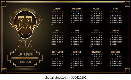 Calendar 2016. Happy new year 2016. Year Of The Monkey. Art Deco Vintage Frames