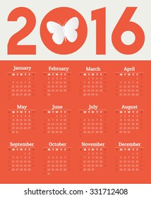 Calendar for 2016 - Happy New Year - Typographic Calendar Design on Orange Background. Week Starts on Sunday