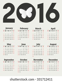 Calendar for 2016 - Happy New Year - Typographic Calendar Design on White Background. Week Starts on Sunday