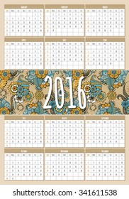 Calendar for 2016.  Indian ornaments. Week Starts Sunday. Vector Template.