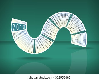 Calendar 2016 inscribed in a S-shape on turquoise color glossy background with reflection and space for text