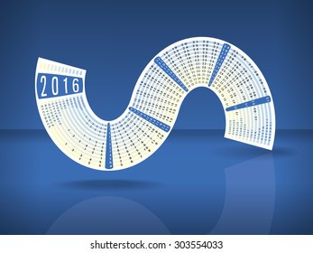 Calendar 2016 inscribed in a S-shape on blue glossy background with reflection and space for text