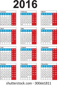 A Calendar of 2016 isolated from the background