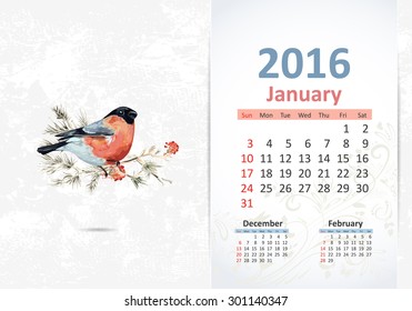 Calendar for 2016, january