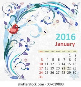 Calendar for 2016, January