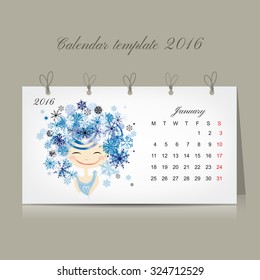 Calendar 2016,  january month. Season girls design. Vector illustration