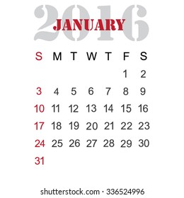 Calendar for 2016 January vector design template