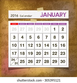 Calendar 2016 January vintage paper on grunge background
