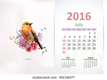 Calendar for 2016, july